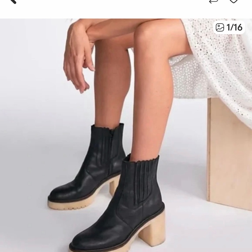Free People Black Leather Chunky Heel Ankle Boots
